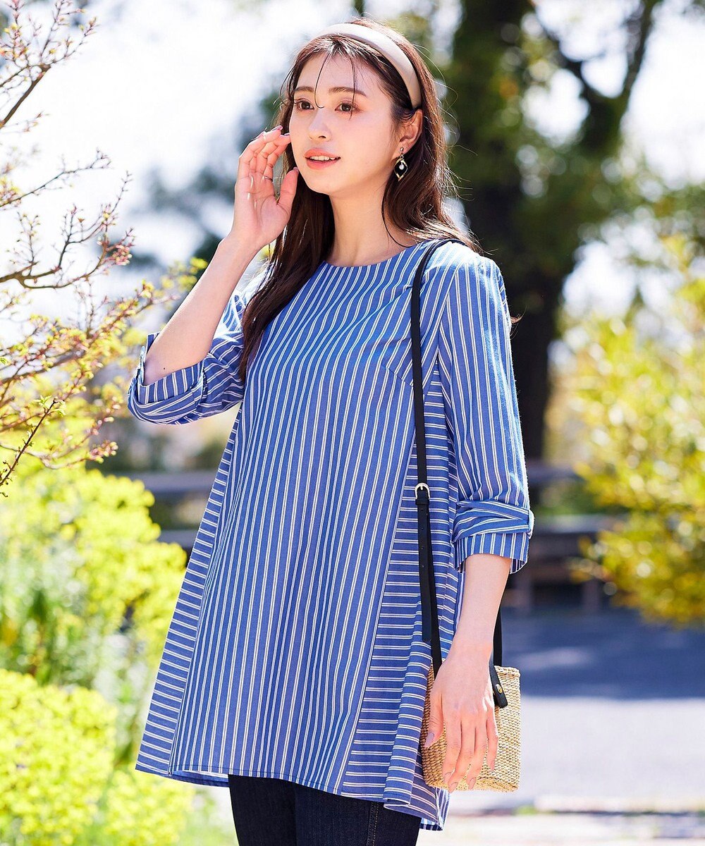 Tiaclasse L 【洗える】リボンスリーブストライプチュニックブラウス 