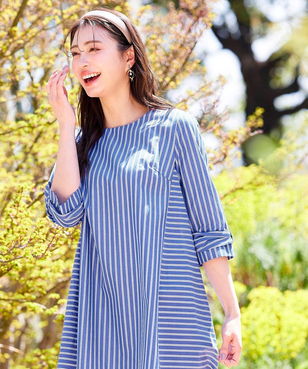 Tiaclasse L 【洗える】リボンスリーブストライプチュニックブラウス 