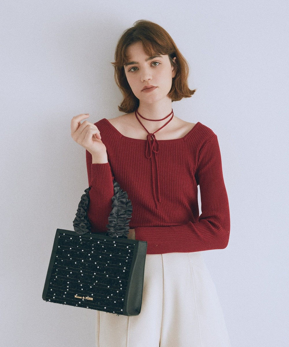 Maison de FLEUR LINTONツイードスクエアフリルトートバッグ 