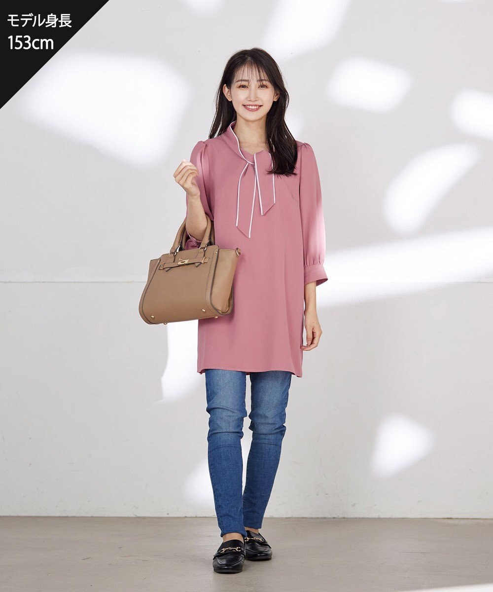 Tiaclasse 【洗える】配色ボウタイパフ袖チュニックブラウス 