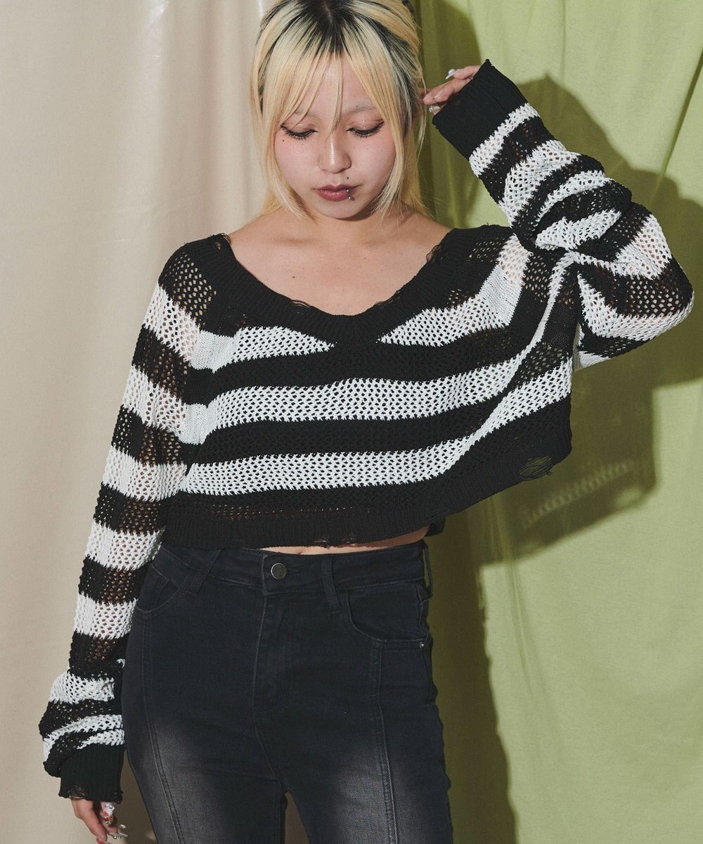 WEGO ダメージボーダーショートニット 