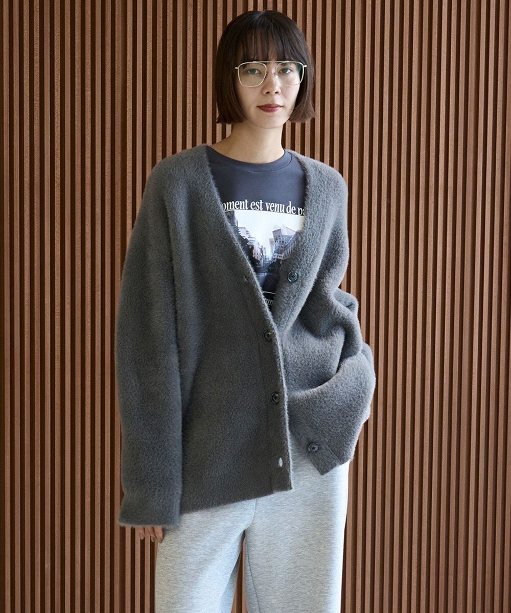 UNFILO ナイロンシャギー Vネックカーディガン 