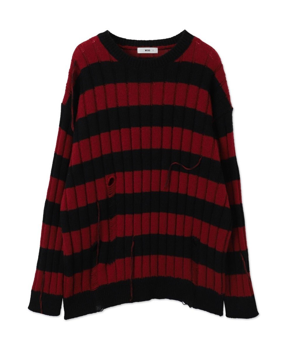 WEGO ボーダーワイドリブダメージニット 