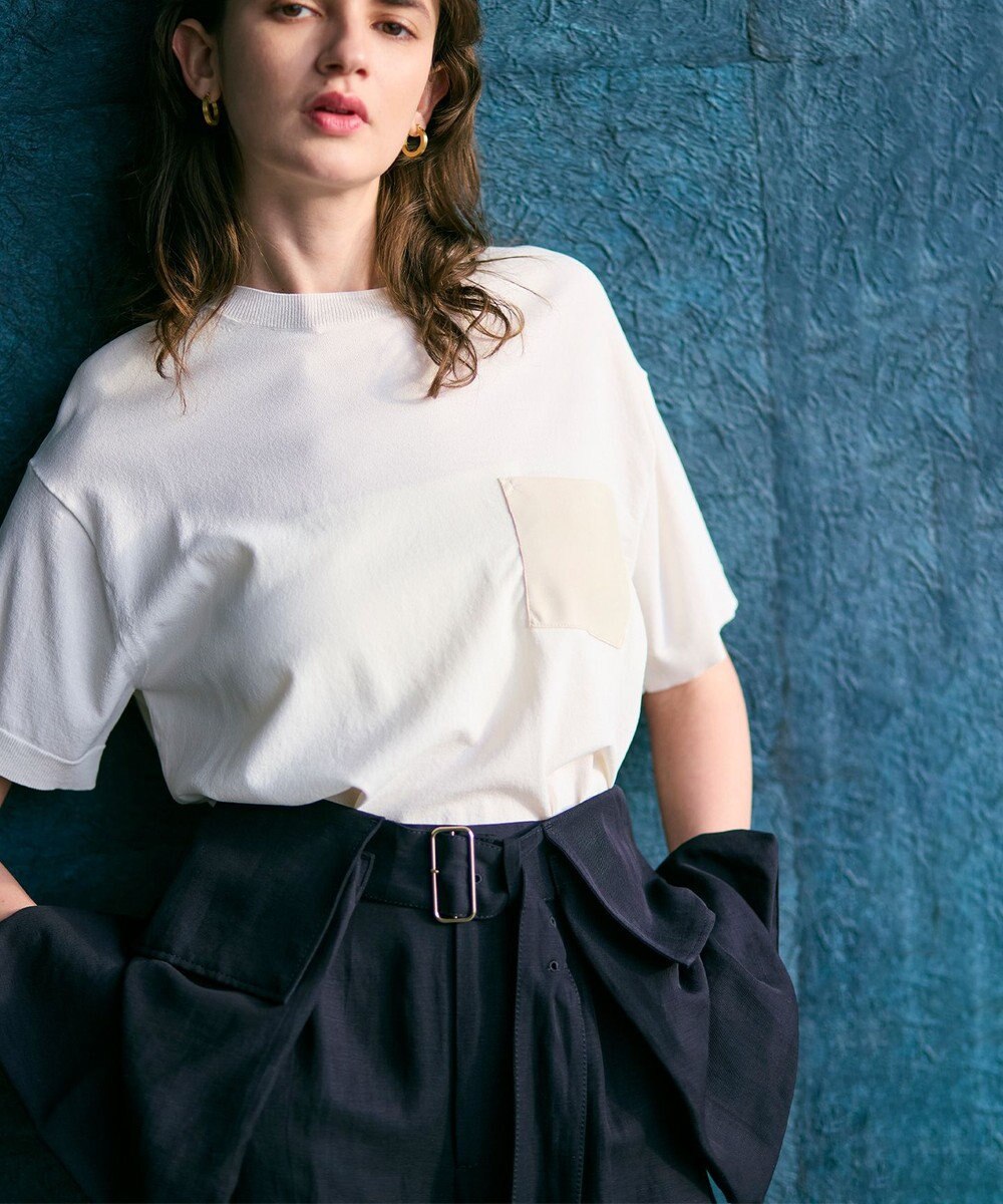 BEIGE， 【洗える】NADIA / レザーポケット付き半袖ニットTシャツ 