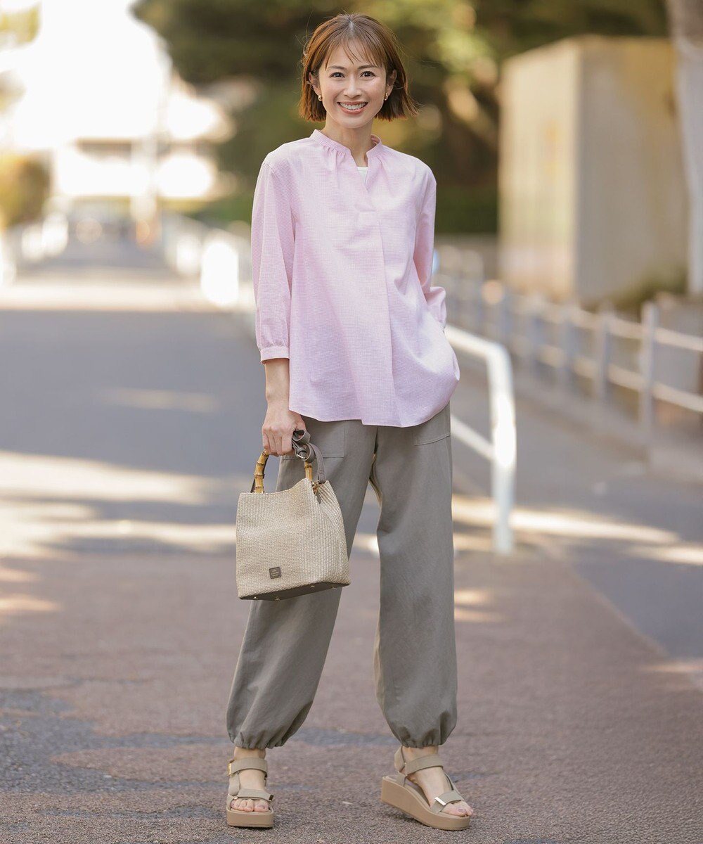 J.PRESS LADIES 【洗える】リネンminiチェック バンドカラー プルオーバー ブラウス 