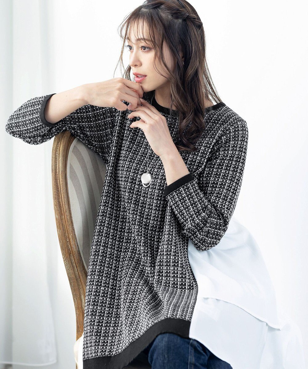 Tiaclasse 【洗える】ツイード2段フレアチュニックブラウス 