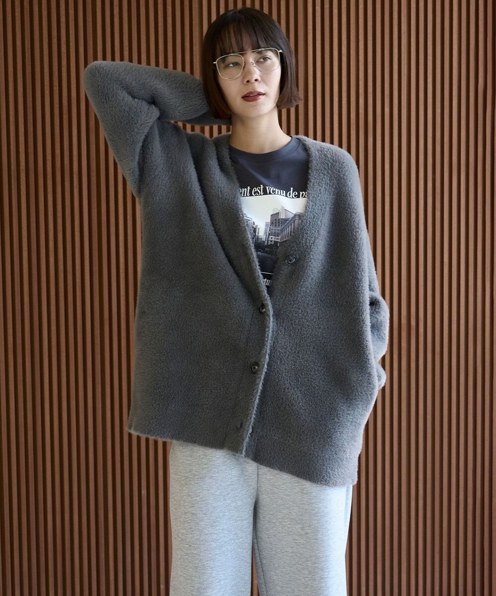 UNFILO ナイロンシャギー Vネックカーディガン 