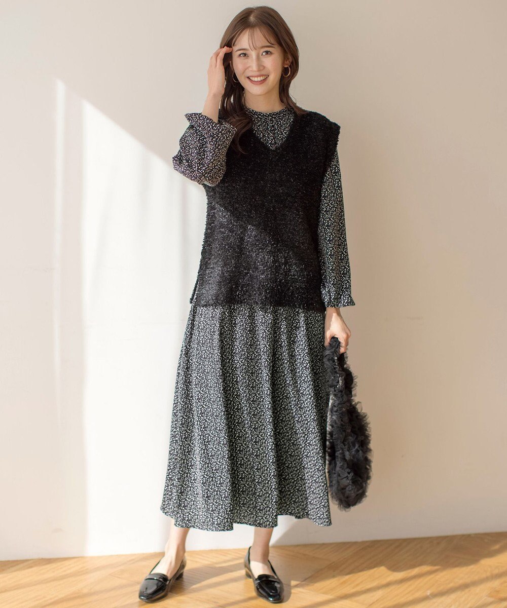 ANY SIS L 【洗える】フラワープリントワンピース × ニットベスト セット 