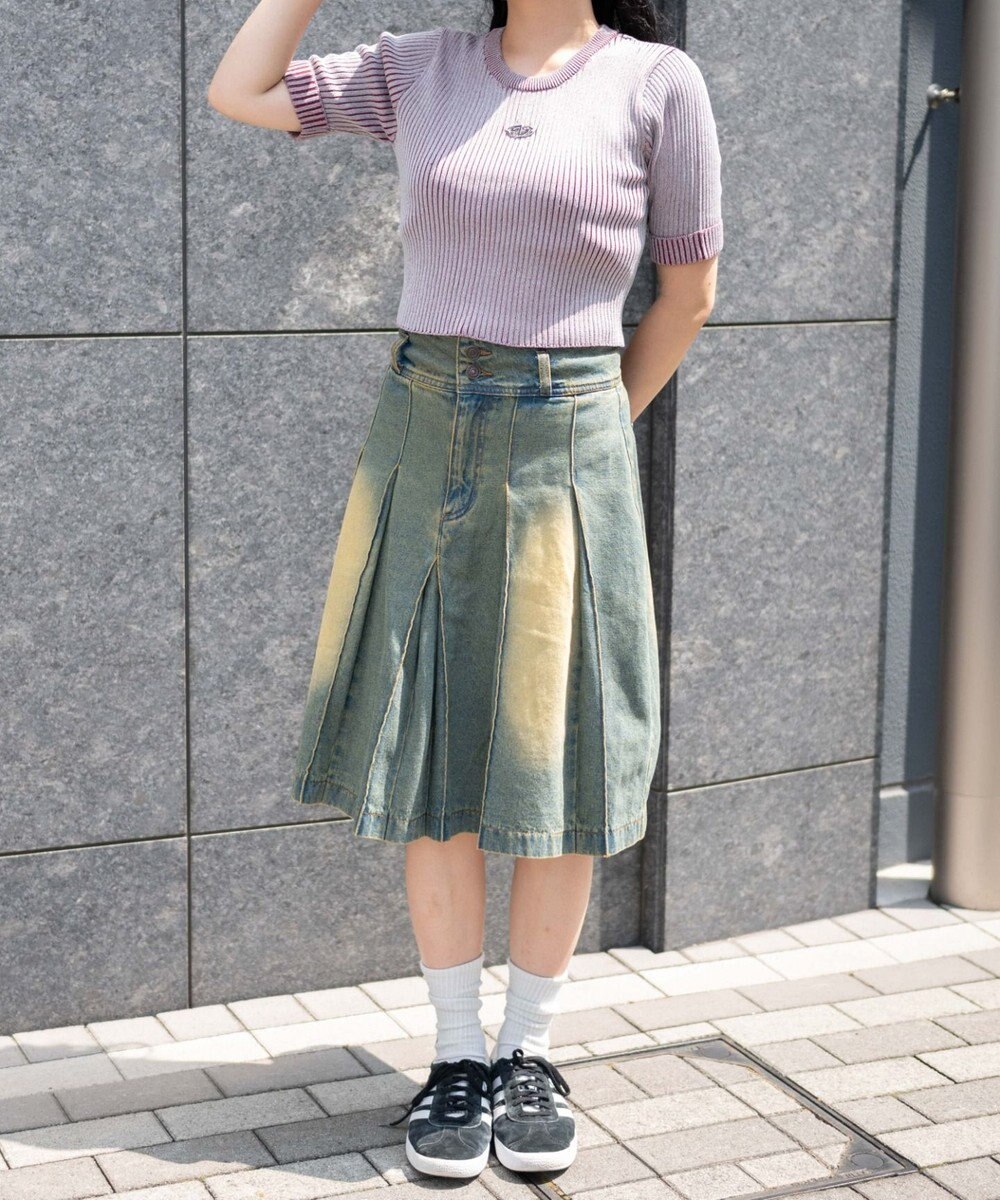 WEGO ヴィンテージウォッシュデニムプリーツミドルスカート 