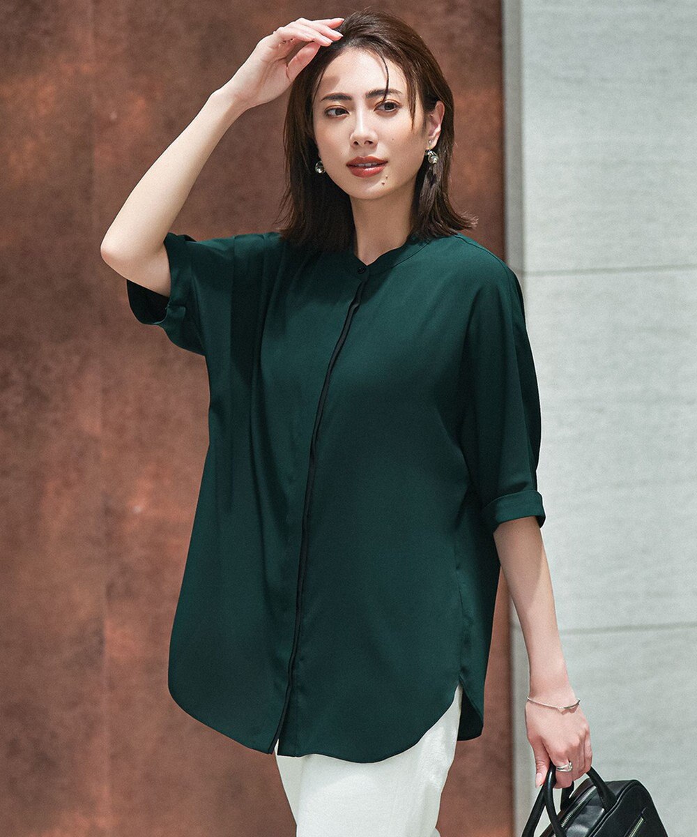 ICB L 【人気のため新色追加・接触冷感・UVケア・速乾・洗える】BackSatinAmunzen 5分袖バンドカラーブラウス 