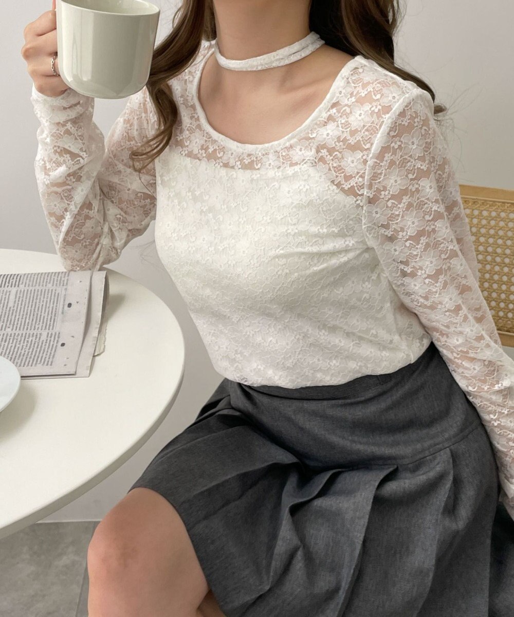 WEGO チョーカーリボン付きレースロンT 