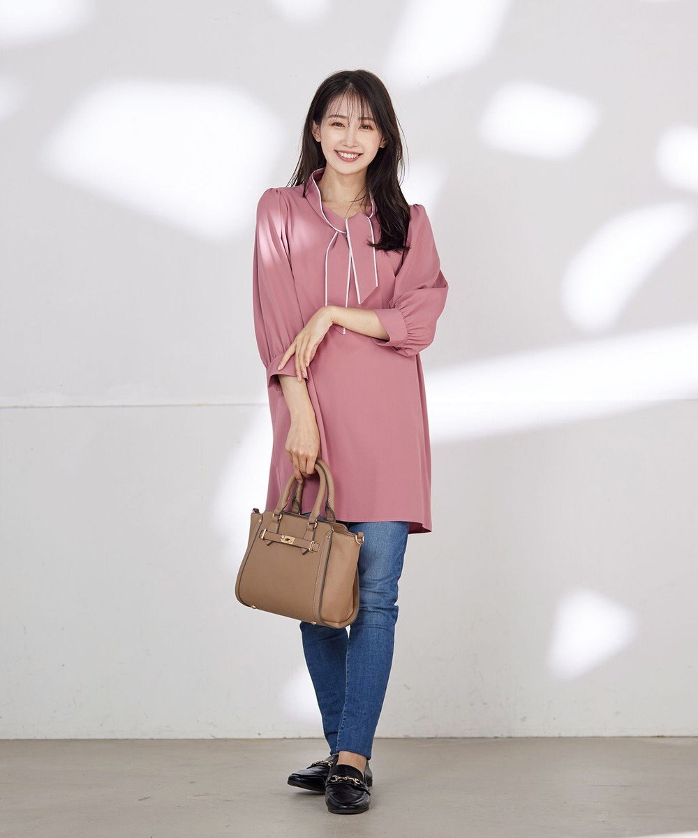 Tiaclasse 【洗える】配色ボウタイパフ袖チュニックブラウス 