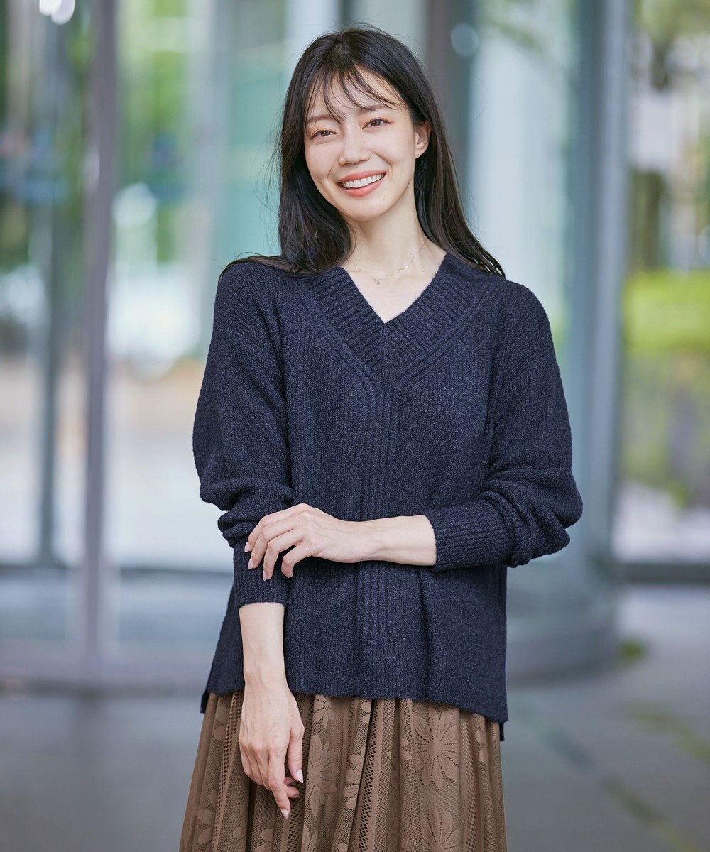 Tiaclasse L 【洗える】Vネック起毛ニットトップス 