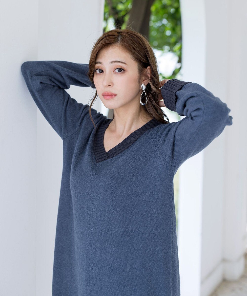 Tiaclasse L 【洗える】Vネックリブニットチュニック 