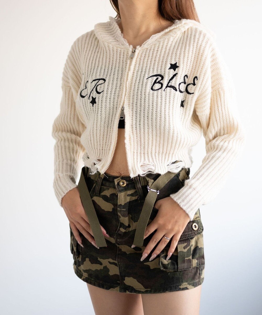 WEGO 刺繍ダメージニットWZIPパーカー 