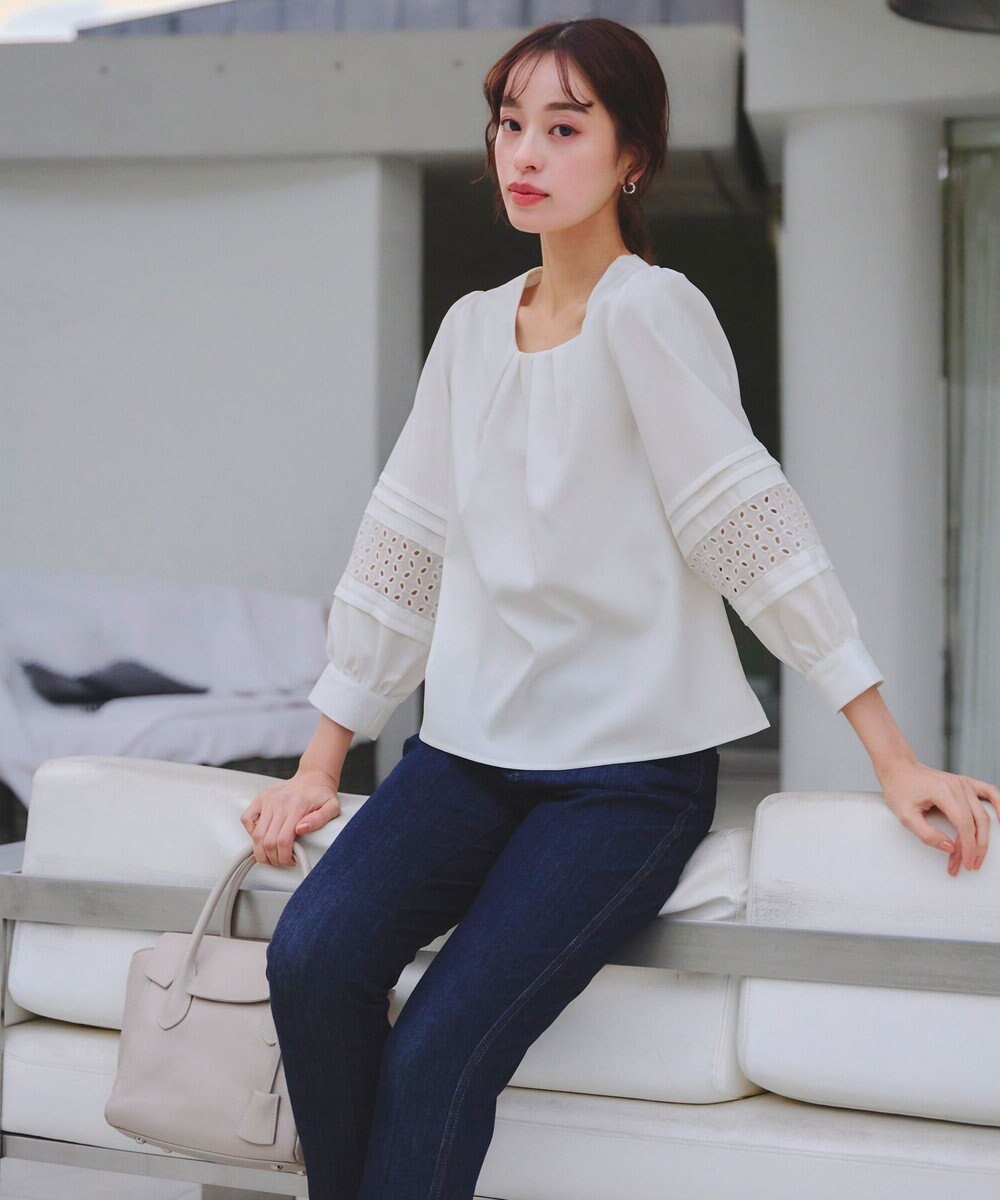 Tiaclasse L 【洗える】袖レースはさみこみシャツ 