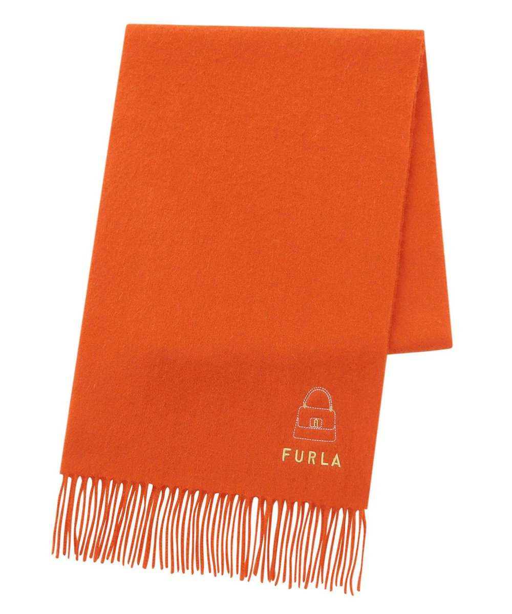 美品　FURLA フルラ　マフラー　ショール　赤オレンジ　ロゴ刺繍