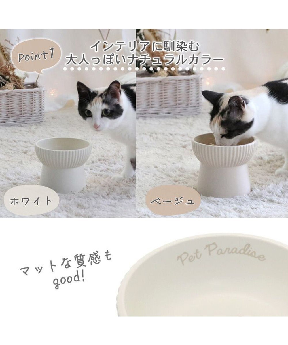 猫 フードボウル 陶器 斜め ホワイト ベージュ / PET PARADISE