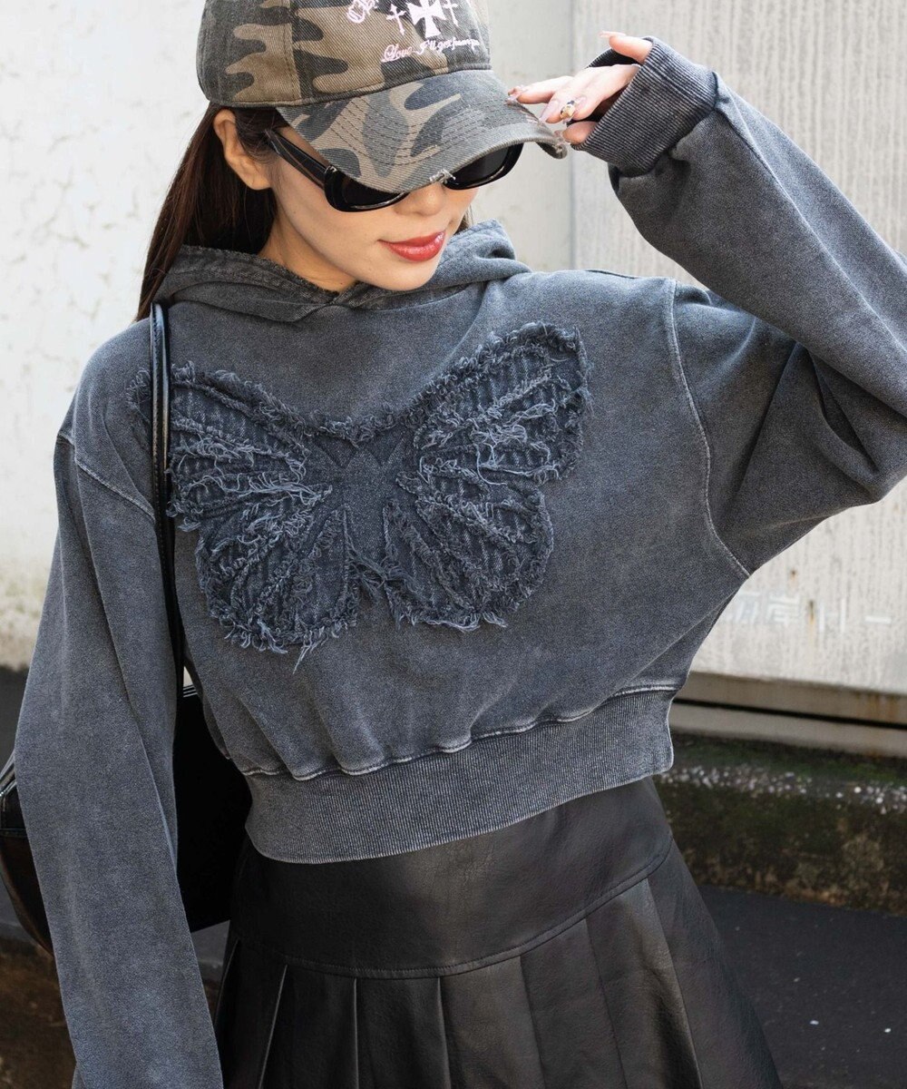 WEGO ヴィンテージウォッシュバタフライショートパーカー 