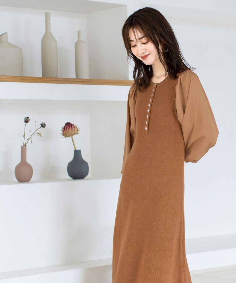 Tiaclasse 【洗える】パフ袖が大人可愛い袖コンビニットワンピース 