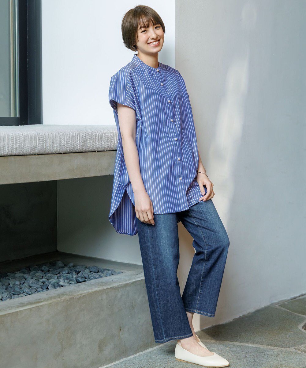 ANY 【洗濯機可】ラメストライプ半袖シャツブラウス 