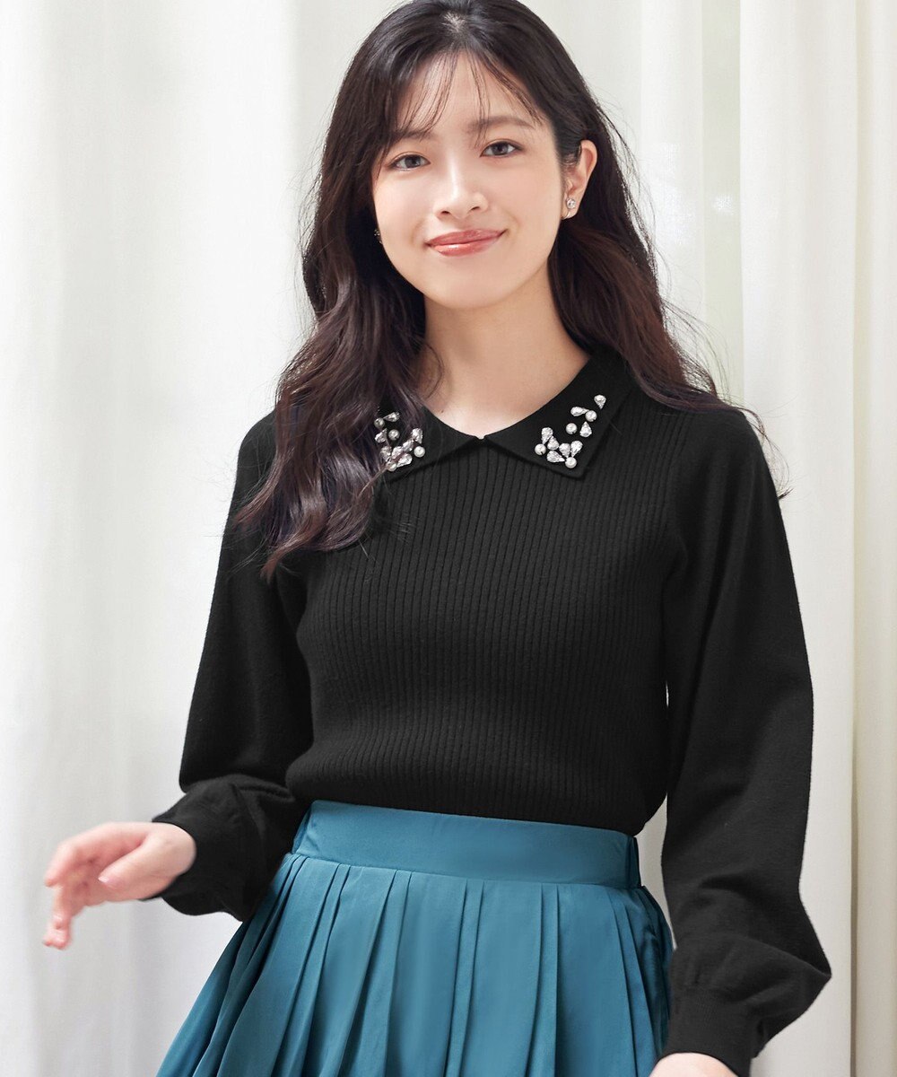 Tiaclasse 襟ビジュー付きニットプルオーバー 