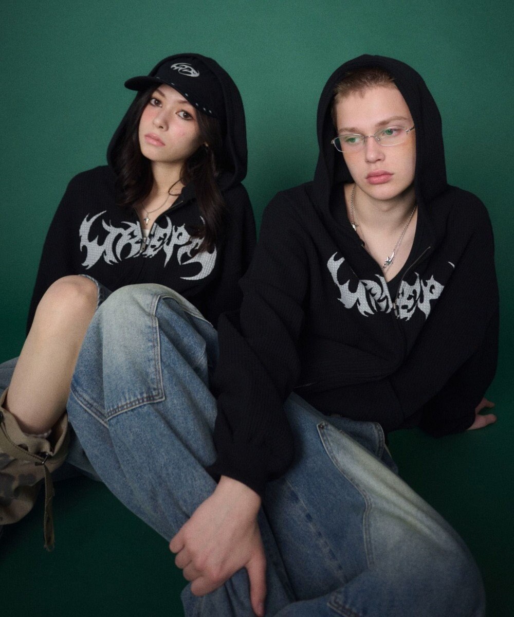 WEGO 【ユニセックス着用ITEM】ワッフルグラフィックカットZIPパーカー 