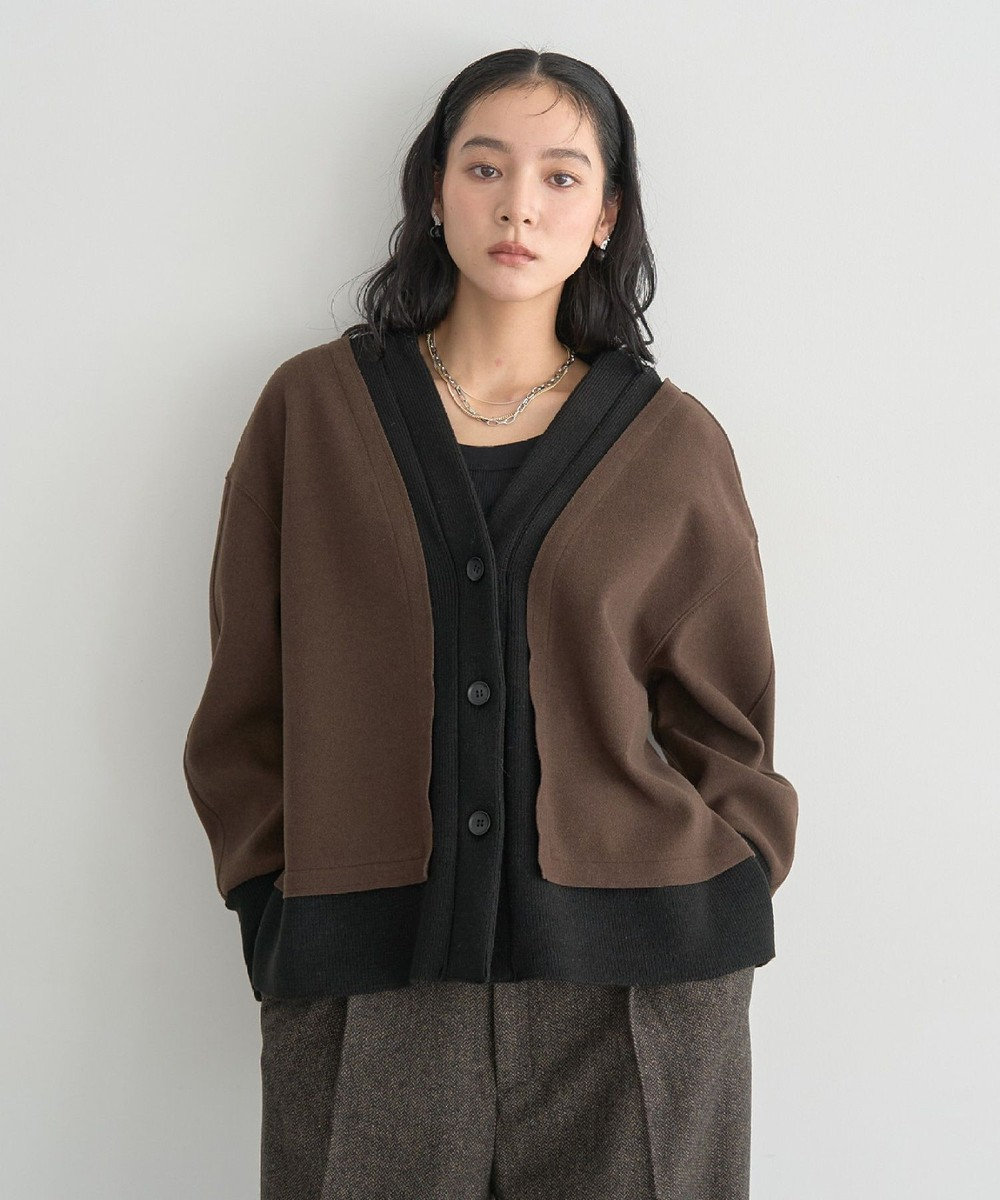 YECCA VECCA ニット切替メルトンVネックカーディガン 