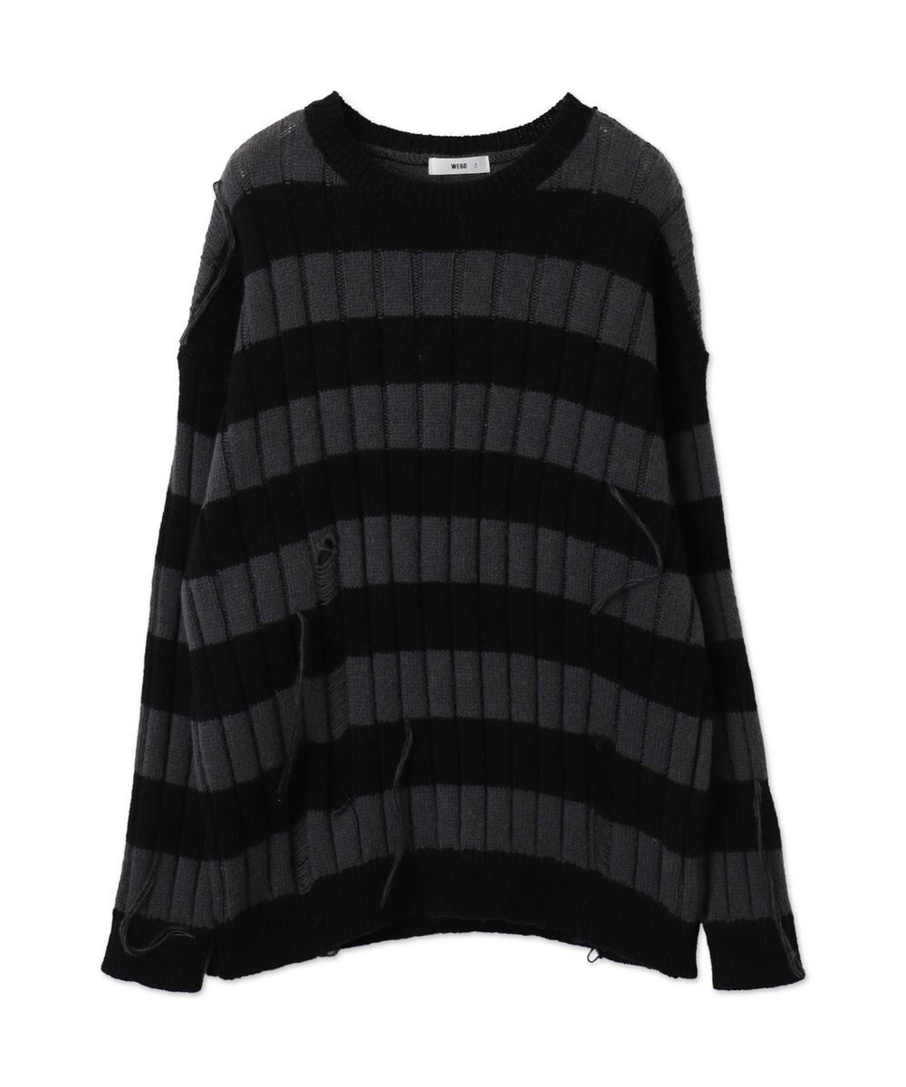 WEGO ボーダーワイドリブダメージニット 
