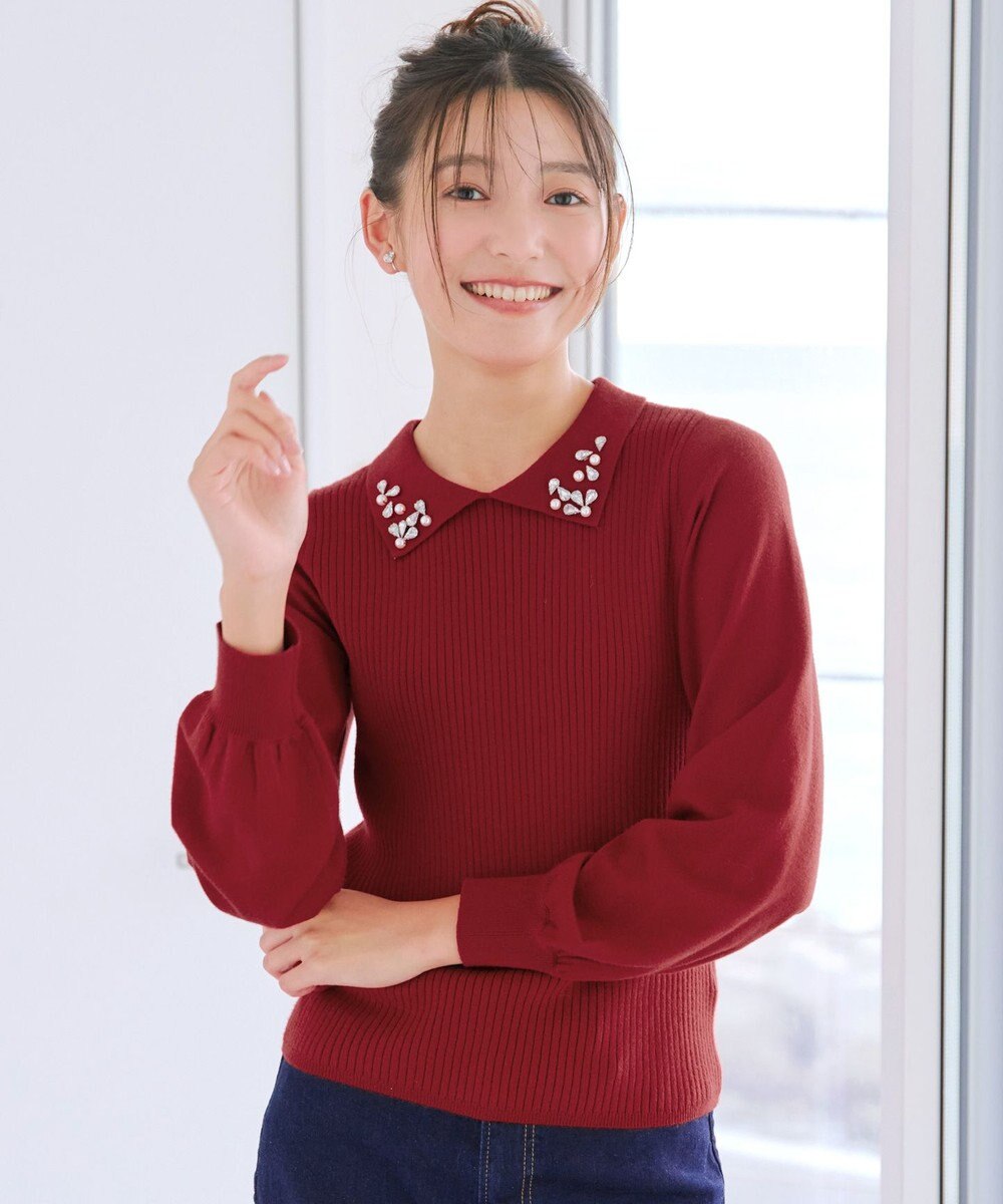 Tiaclasse 襟ビジュー付きニットプルオーバー 