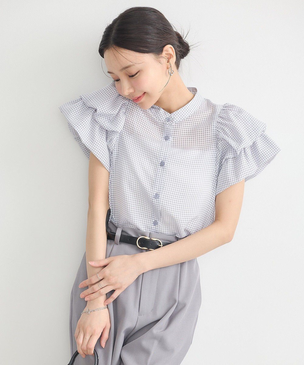 earth music&ecology ミニチェックバルーンスリーブブラウス 