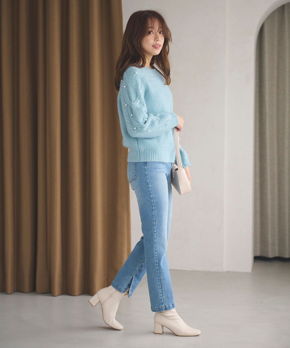 Feroux 【洗える】パールスリーブ ケーブルニット 