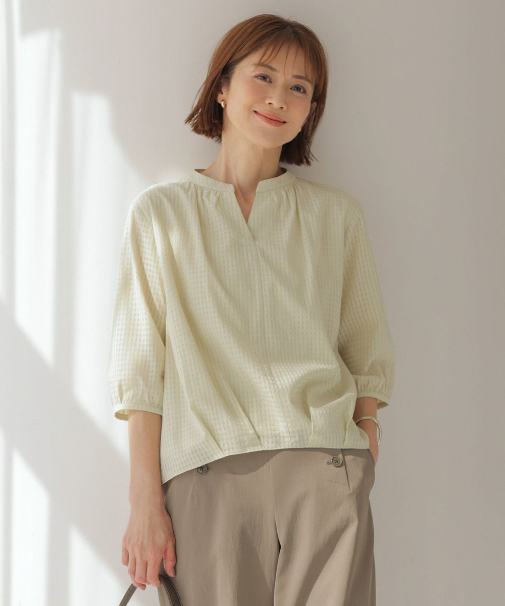 J.PRESS LADIES 【洗える】コットンブレンドチェック バンドカラー カットソー 