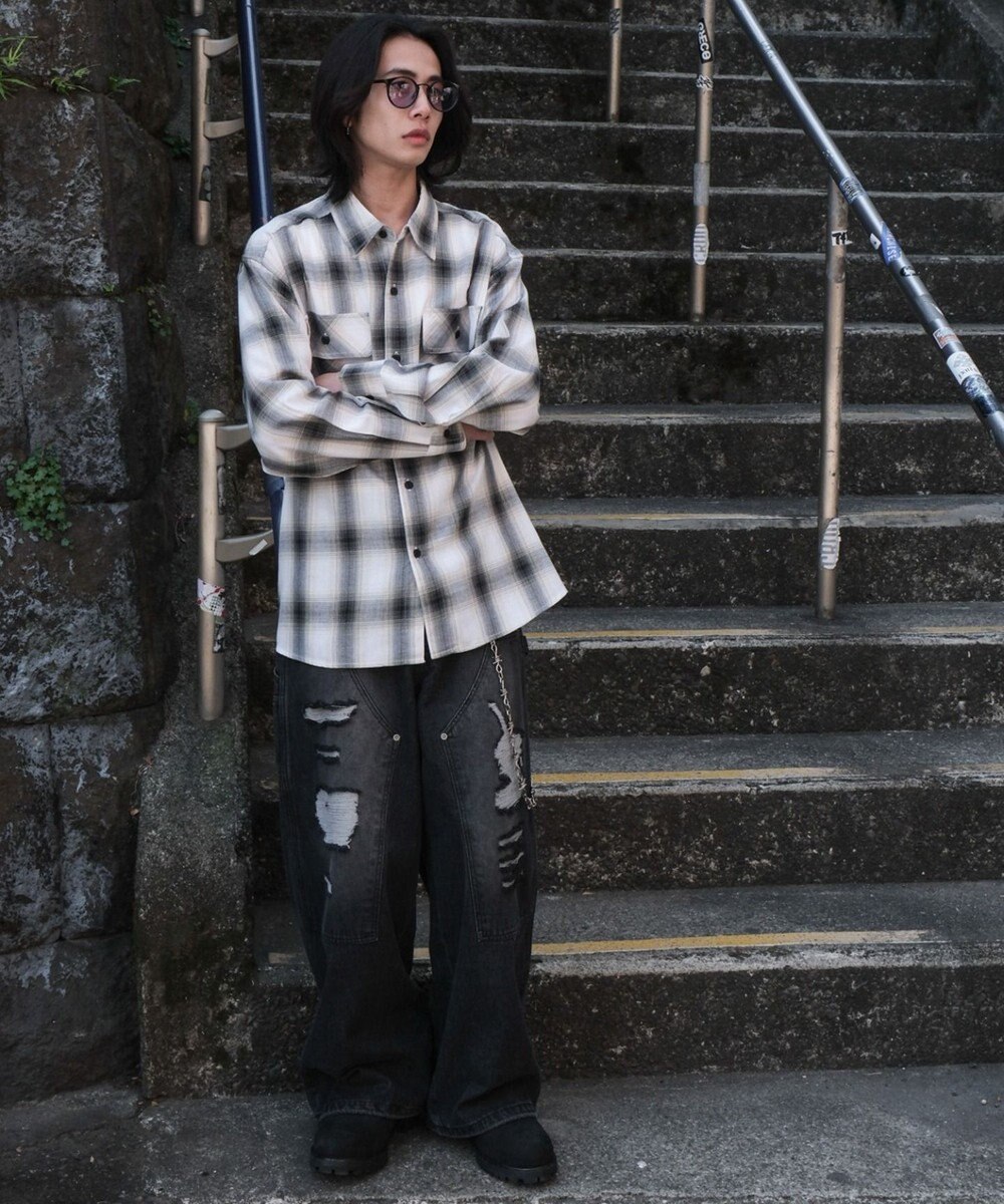 WEGO 【ユニセックス着用ITEM/SMLサイズ展開】オンブレチェックシャツ（LS） 