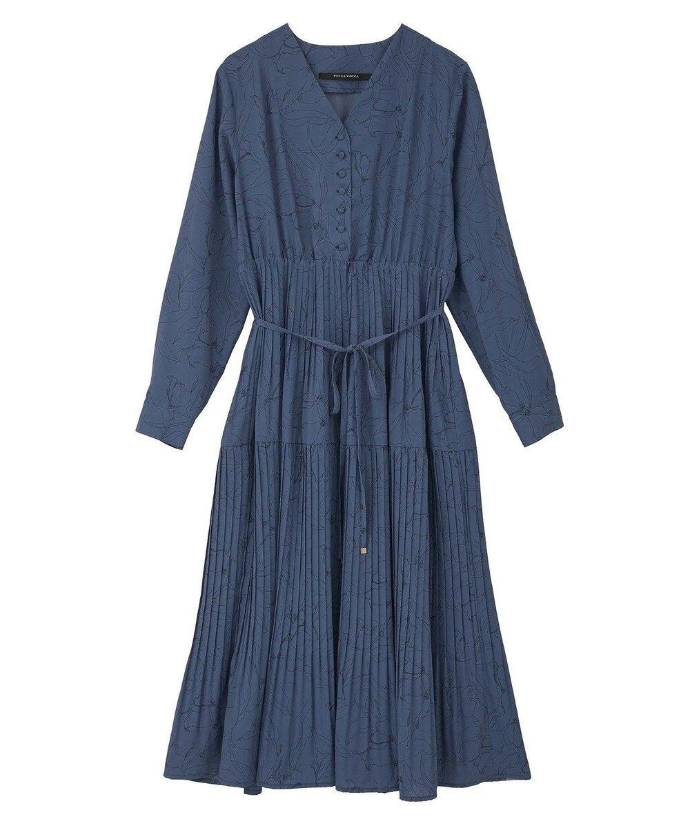 YECCA VECCA ラインボタニカル柄プリーツワンピース 
