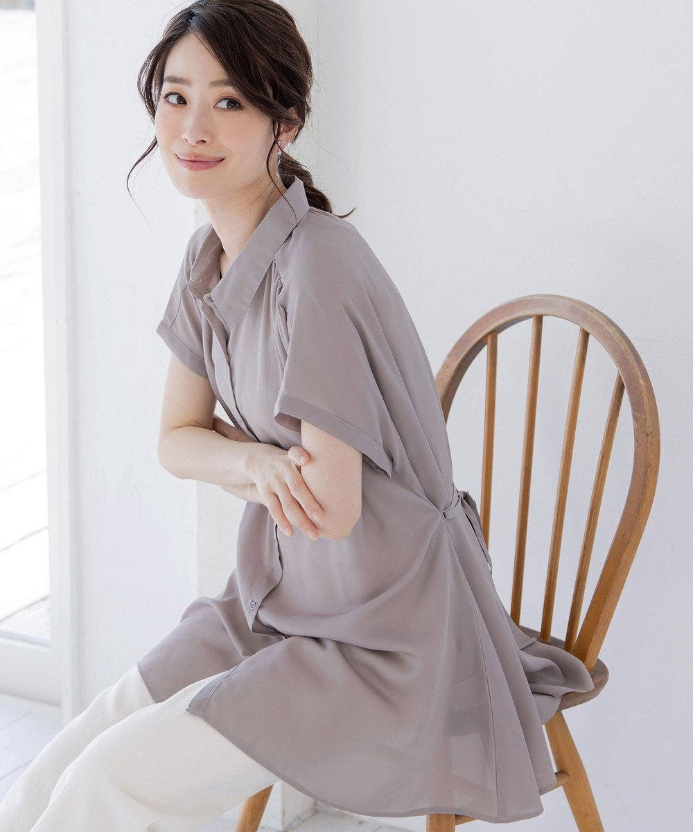 Tiaclasse L 【洗える】フレンチスリーブシャツチュニックブラウス 