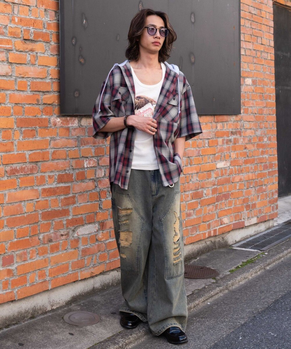 WEGO 【ユニセックス着用ITEM/MLサイズ展開】オンブレチェックフードシャツ（SS） 