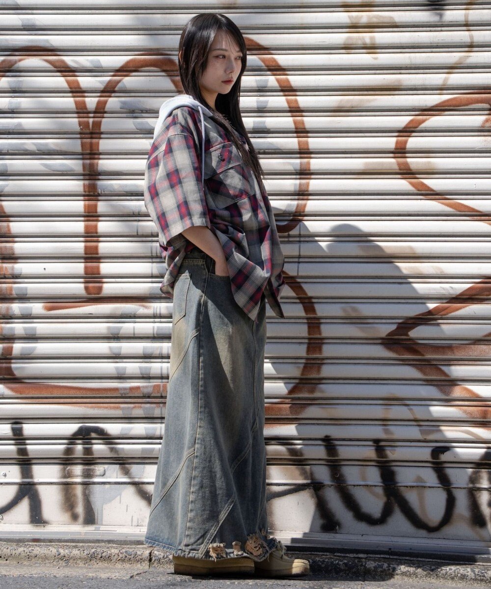 WEGO 【ユニセックス着用ITEM/MLサイズ展開】オンブレチェックフードシャツ（SS） 