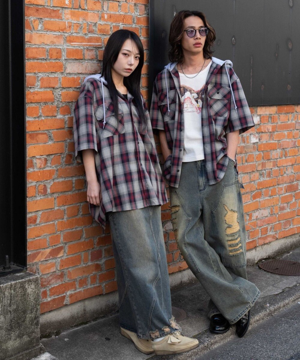 WEGO 【ユニセックス着用ITEM/MLサイズ展開】オンブレチェックフードシャツ（SS） 