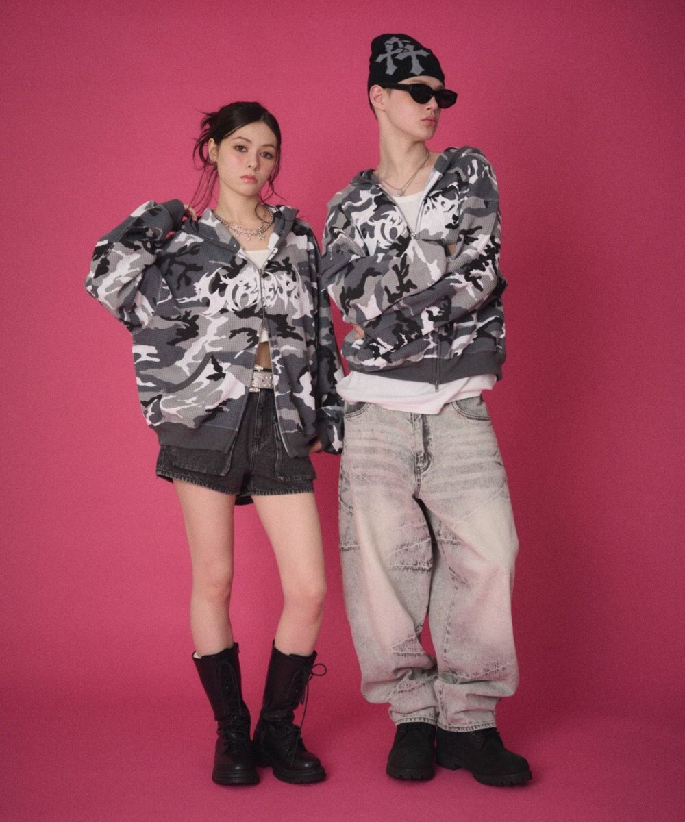 WEGO 【ユニセックス着用ITEM】ワッフルグラフィックカットZIPパーカー 