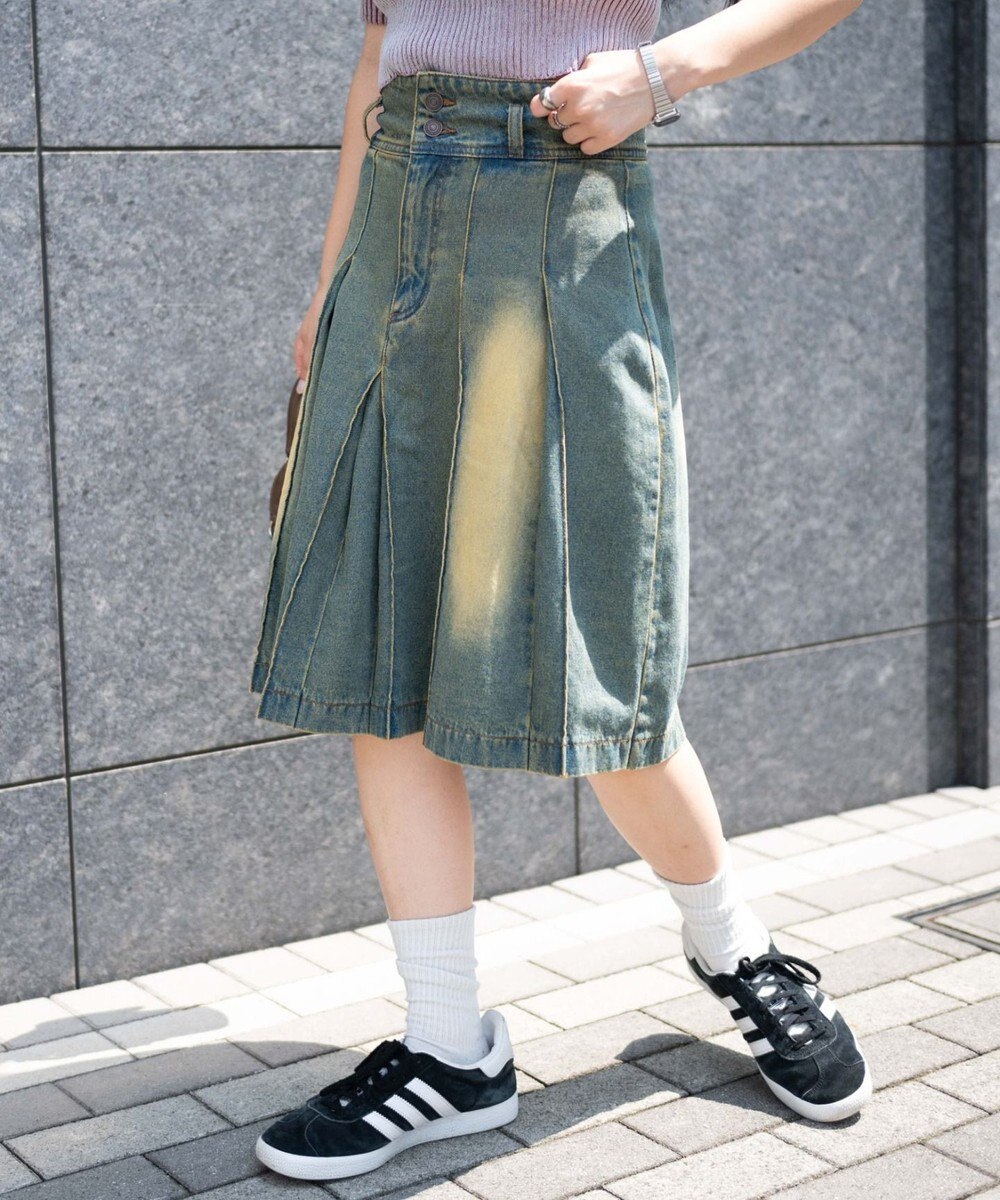 WEGO ヴィンテージウォッシュデニムプリーツミドルスカート 