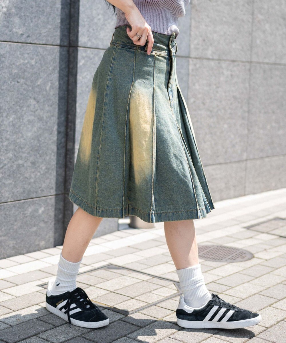 WEGO ヴィンテージウォッシュデニムプリーツミドルスカート 