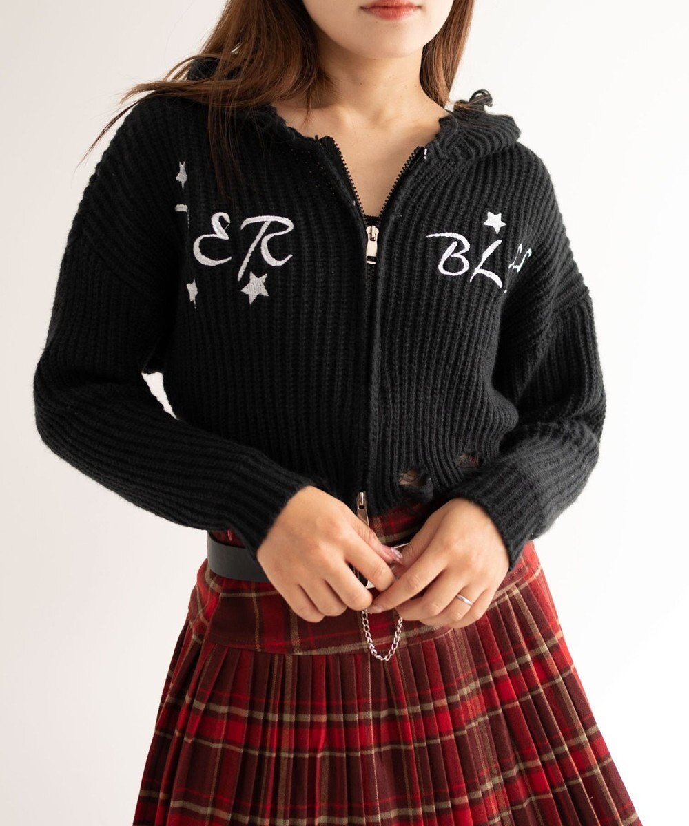 WEGO 刺繍ダメージニットWZIPパーカー 