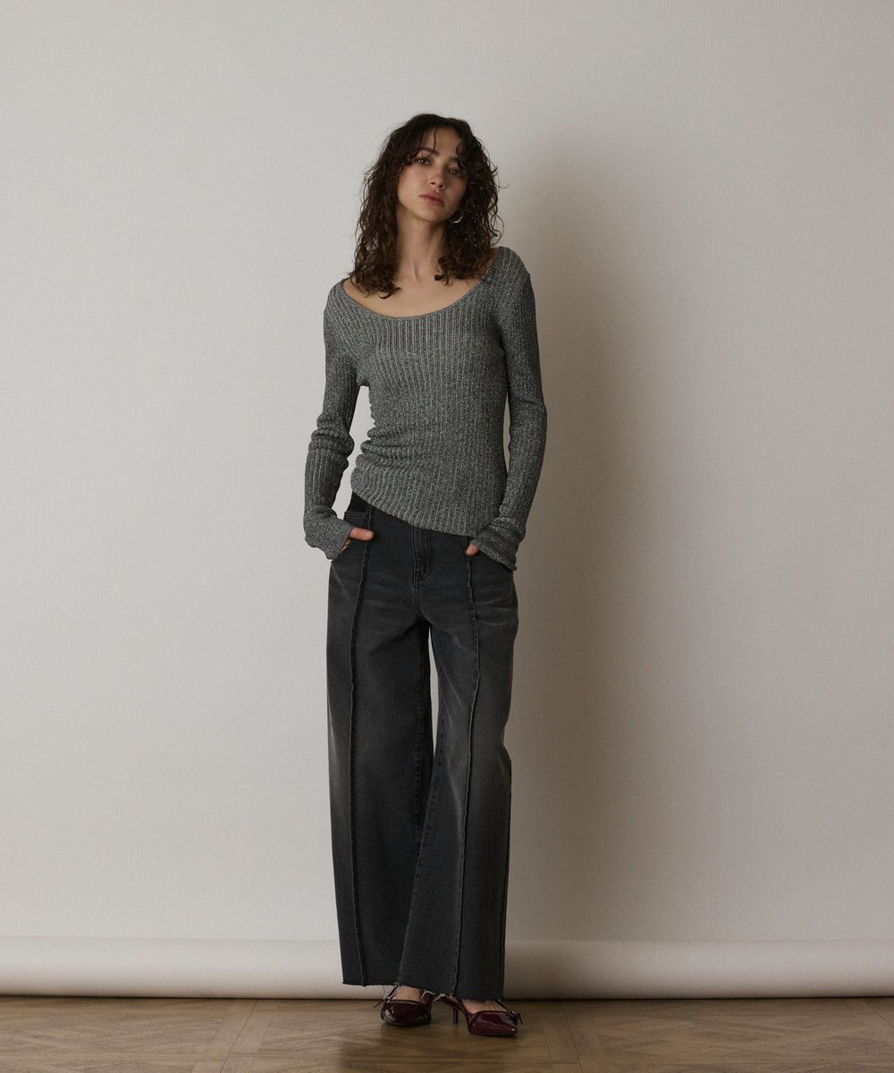 GRACE CONTINENTAL ラメリブクルーネックトップ 