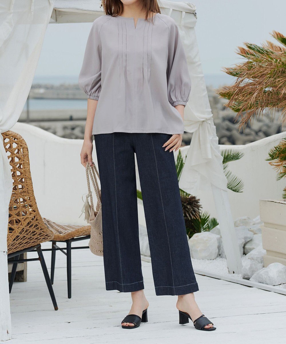 Tiaclasse 【洗える】TCデニム切替ワイドストレートパンツ 