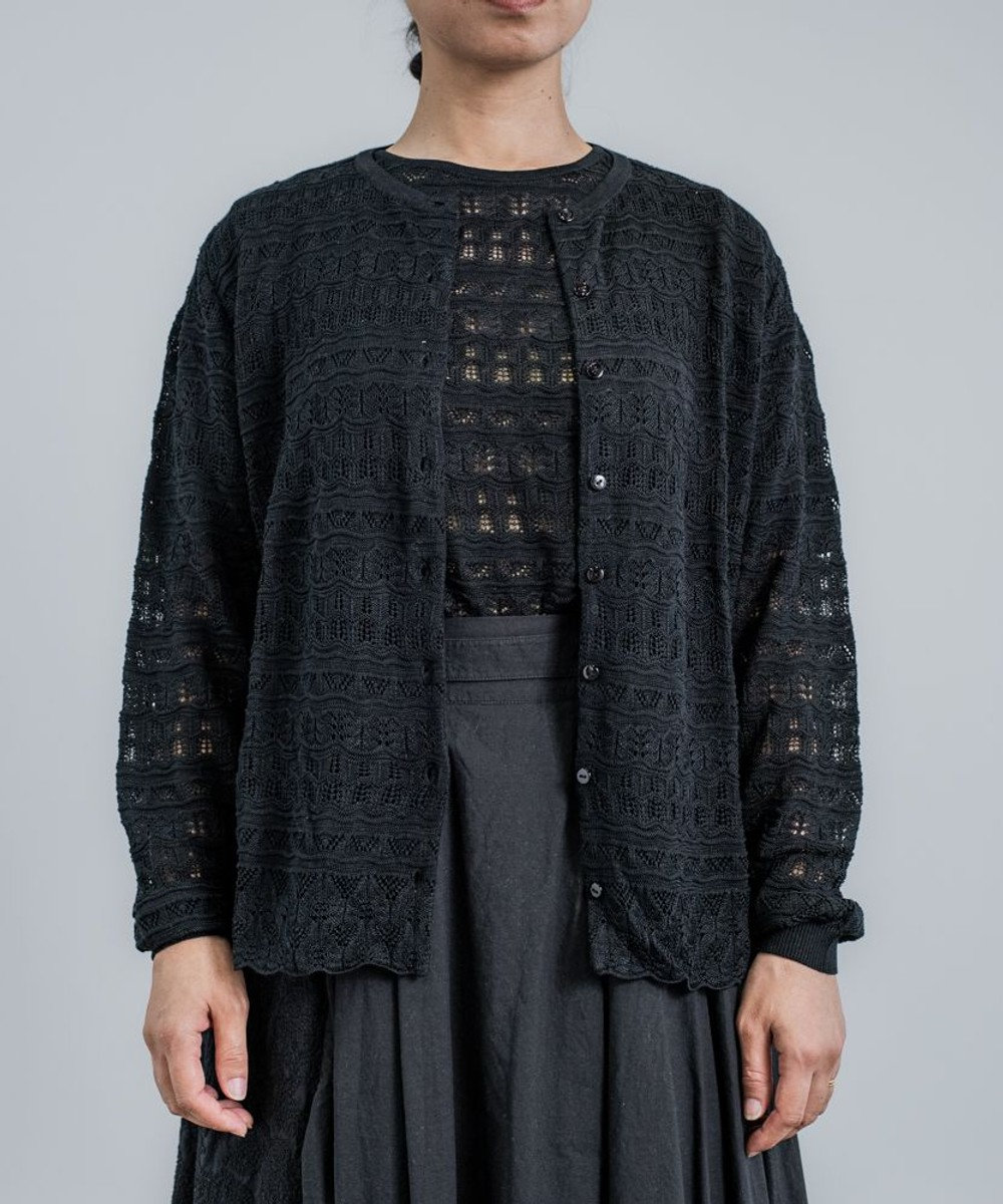 muuc 〈高品質シルク100%〉〈通年着られる〉透かし編み 袖リブあり シェルボタン使用 カーディガン ブラック