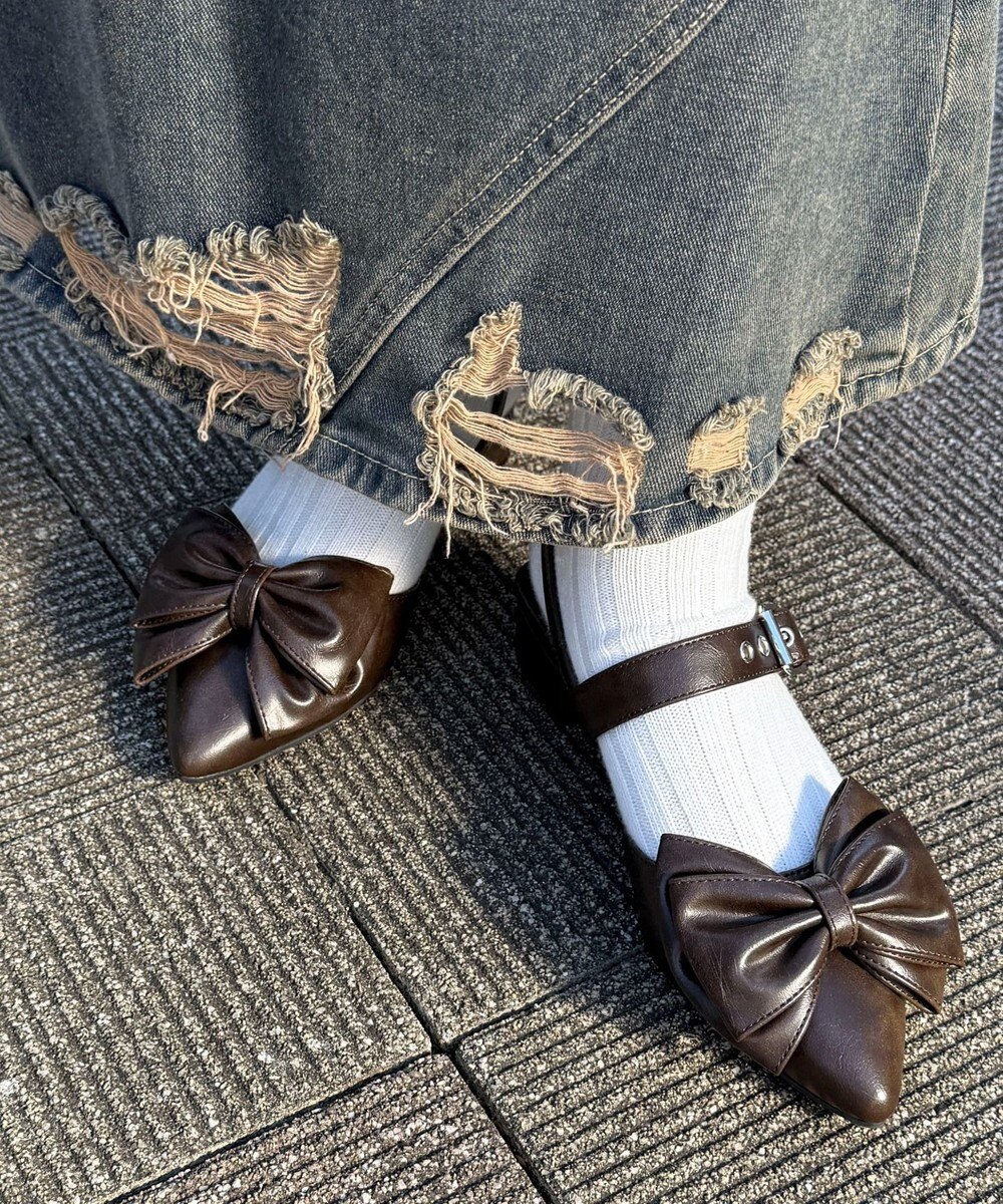 WEGO ダブルリボンポインテッドシューズ 