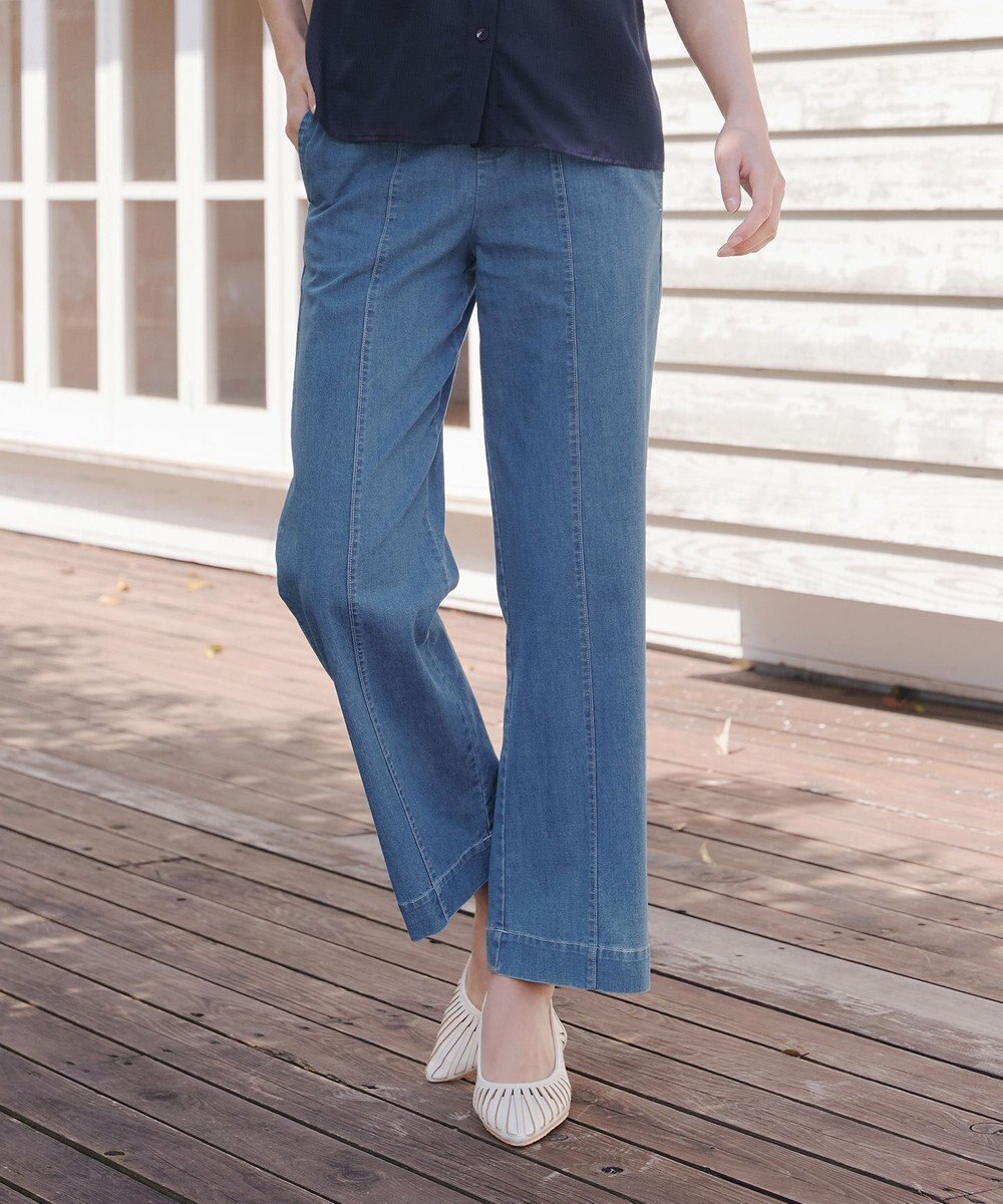 Tiaclasse 【洗える】TCデニム切替ワイドストレートパンツ 