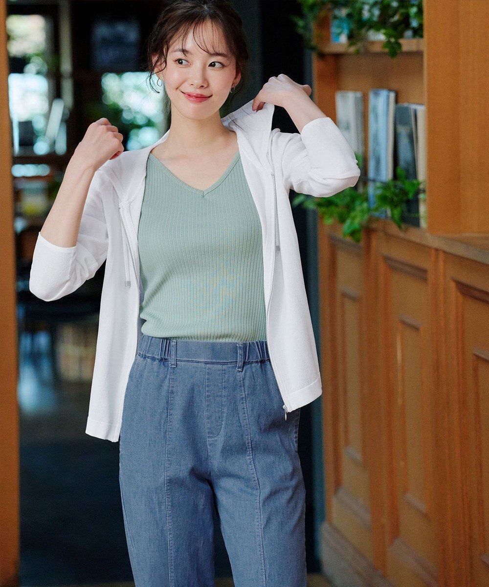 Tiaclasse 【洗える】TCデニム切替ワイドストレートパンツ 