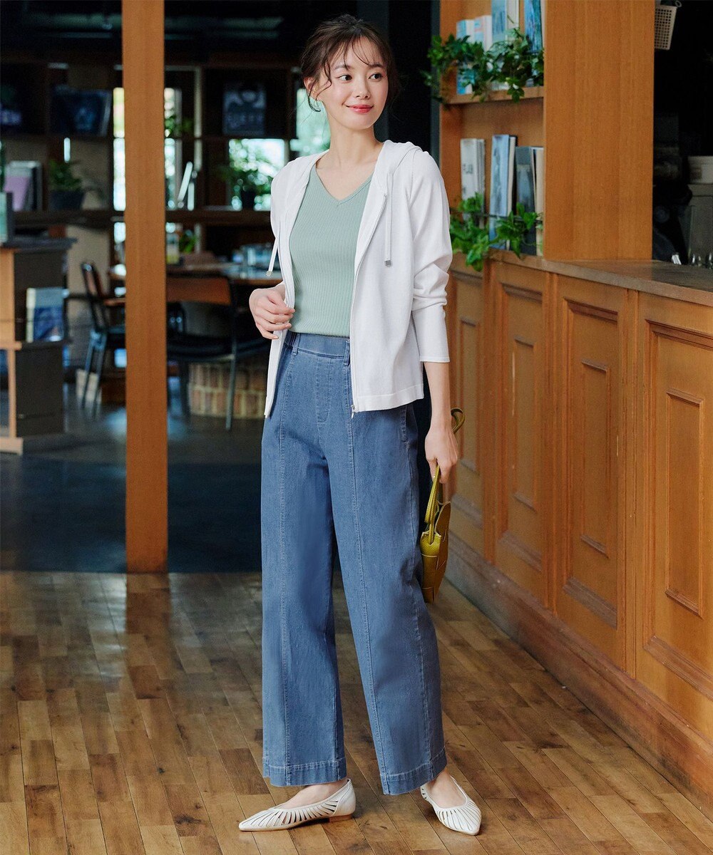 Tiaclasse 【洗える】TCデニム切替ワイドストレートパンツ 